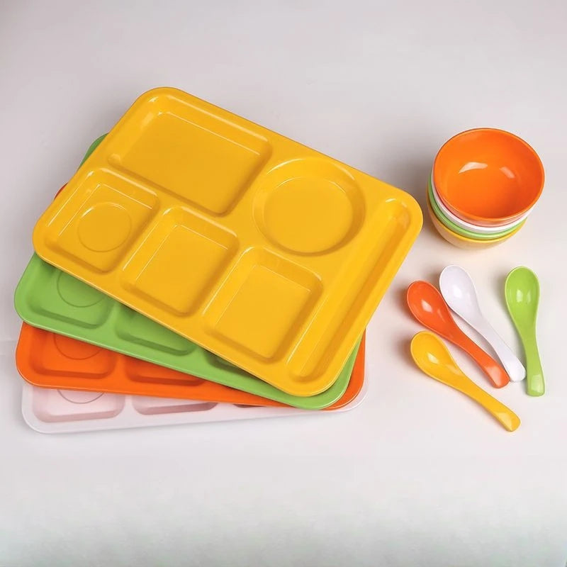 Multi Section Dining Tray Set with Bowl & Spoon – Colorful Food Plate