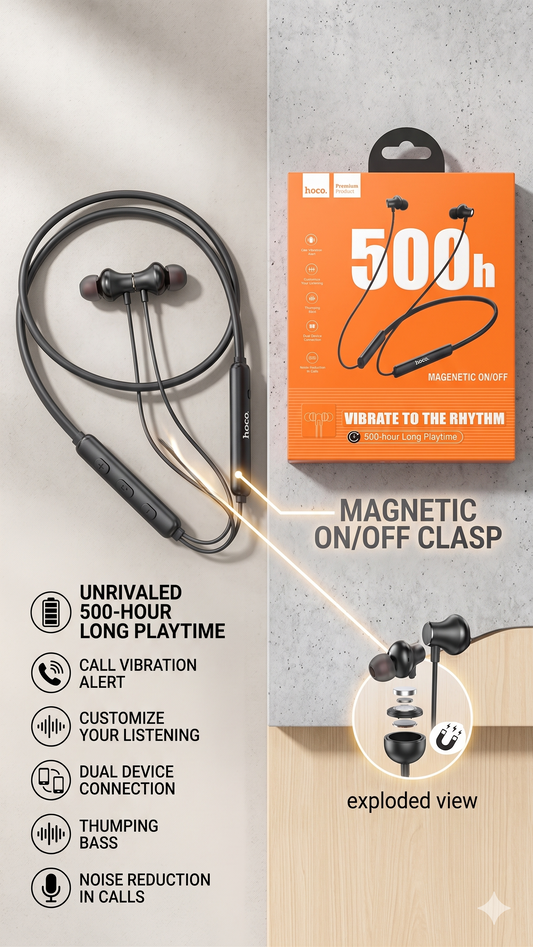 Hoco. Premium 500h Long Playtime Wireless Neckband Earphone