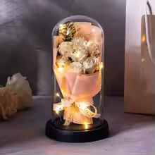 Premium Artificial Flower Bouquet Glass Dome with LED Lights