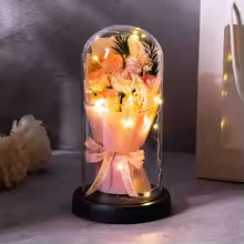 Premium Artificial Flower Bouquet Glass Dome with LED Lights