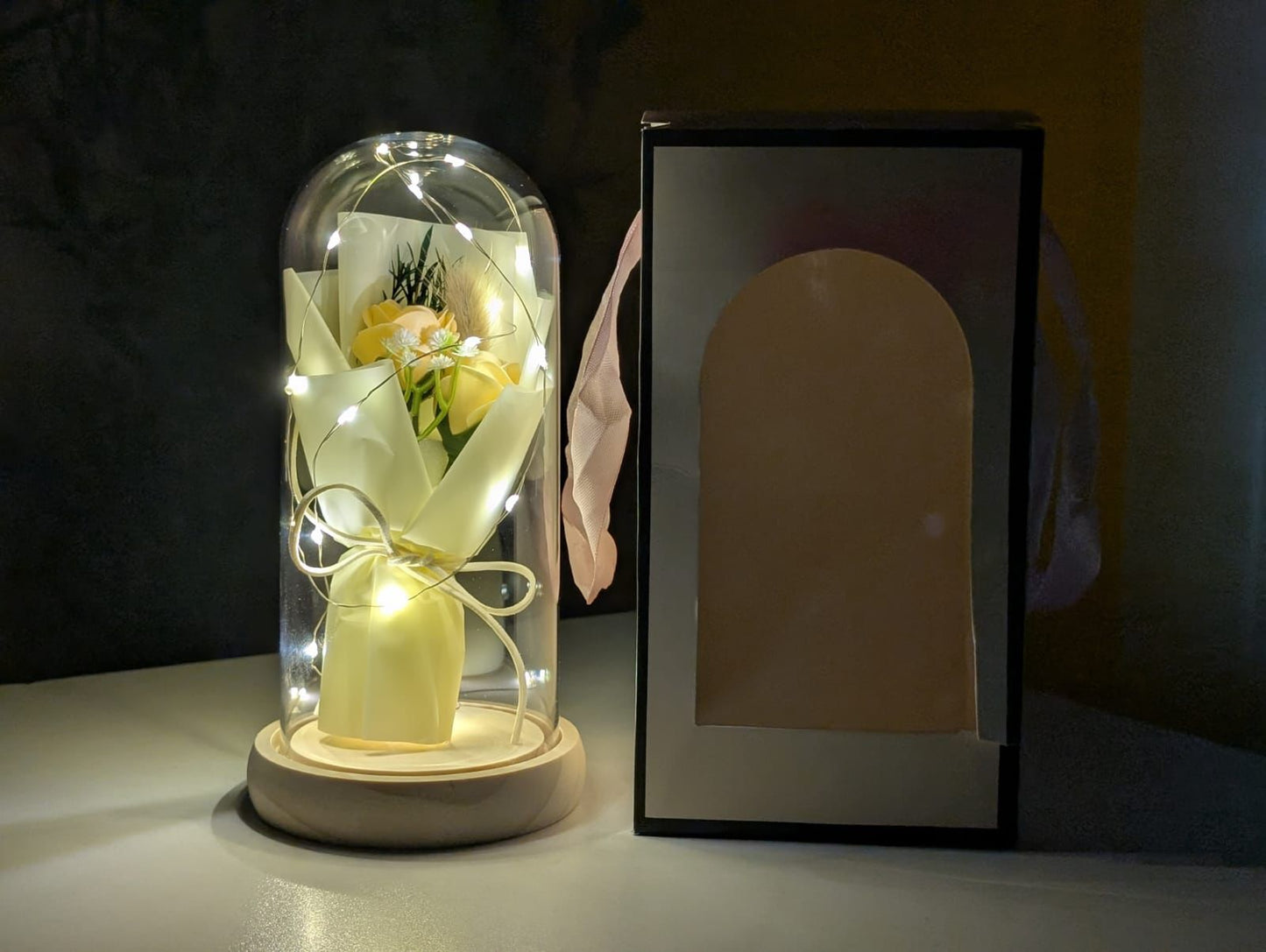 Premium Artificial Flower Bouquet Glass Dome with LED Lights