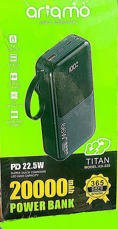 Ariamo TITAN 20000mAh 66W Super Fast Charging Power Bank (Model: KX-225)